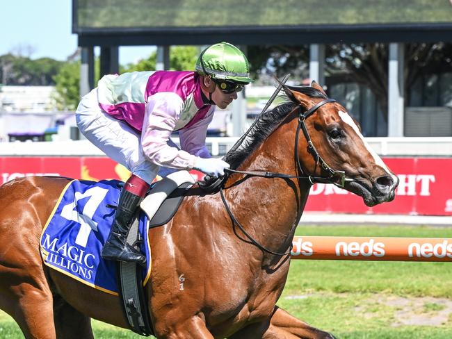 Coleman ridden by Ben Melham wins the Magic Millions Debutant Stakes at Caulfield Racecourse on October 18, 2023 in Caulfield, Australia. (Photo by Reg Ryan/Racing Photos via Getty Images)