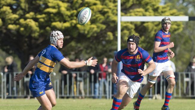 Kye Oates, TGS and Jack Daly, Downlands. O'Callaghan Cup, Downlands vs Grammar. Saturday Sep 03, 2016.