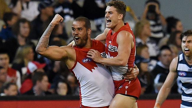 Lance Franklin and Tom Papley celebrate a Sydney goal.