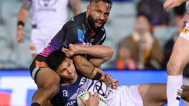 SYDNEY, AUSTRALIA - AUGUST 01: Justin Olam of the Tigers tackles Heilum Luki of the Cowboys during the round 22 NRL match between Wests Tigers and North Queensland Cowboys at Leichhardt Oval, on August 01, 2024, in Sydney, Australia. (Photo by James Gourley/Getty Images)