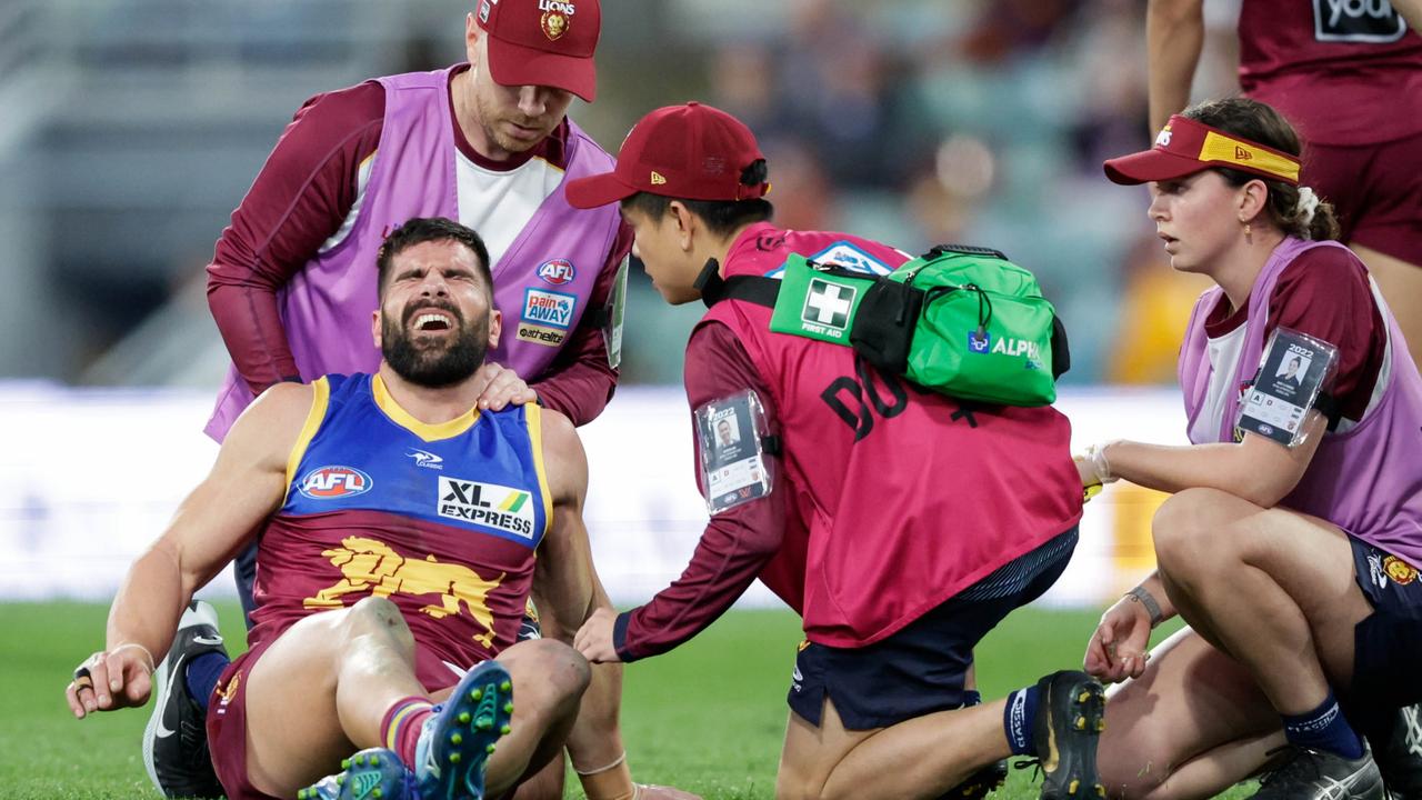 Brisbane defender Marcus Adams has been sidelined indefinitely as he battles the lingering effects of a concussion suffered late last season. Picture: Russell Freeman/Getty Images