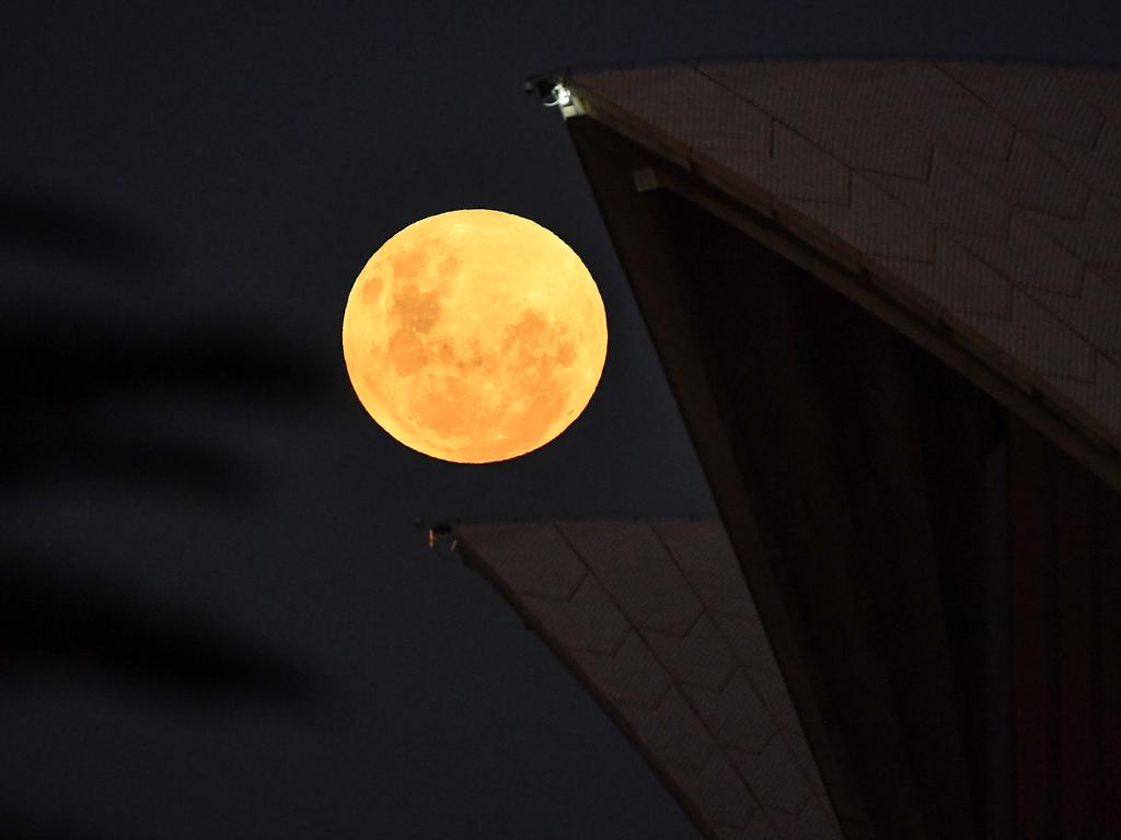 The Moon rises over the Opera House ahead of a total lunar eclipse. Picture: AFP