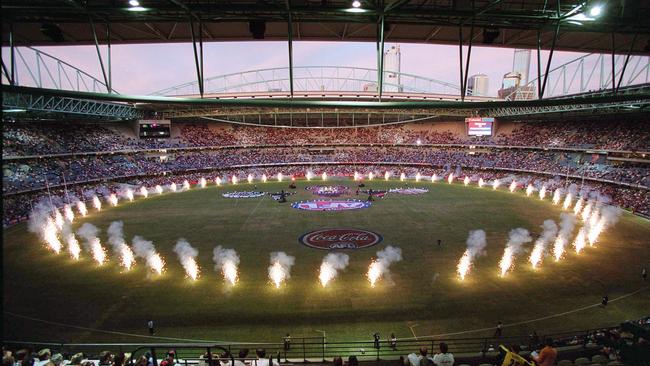 The fireworks display before the first game at Docklands Stadium.