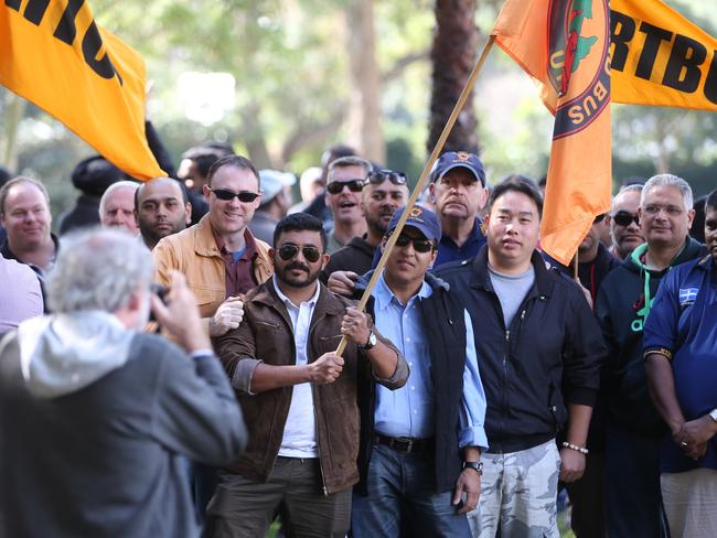 Bus drivers outside Parliament House today. Picture: John Grainger