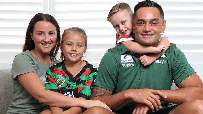 John Sutton with wife Stacey and kids Pippi, 7, and Ace, 3. Picture: David Swift.