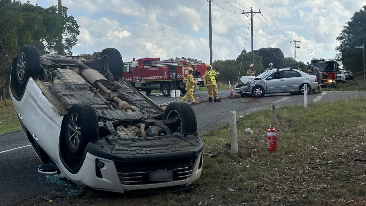 A car flipped during a crash at Mannerim on Wednesday. Picture: Brad Fleet.