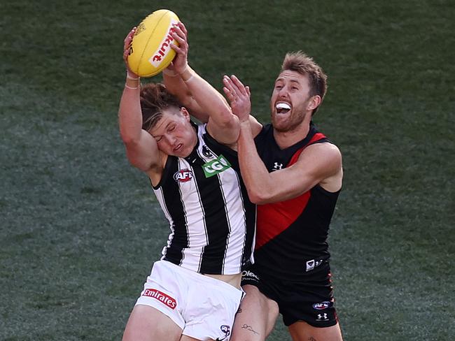 Jay Rantall takes a mark in front against Essendon in 2021. Picture: Michael Klein