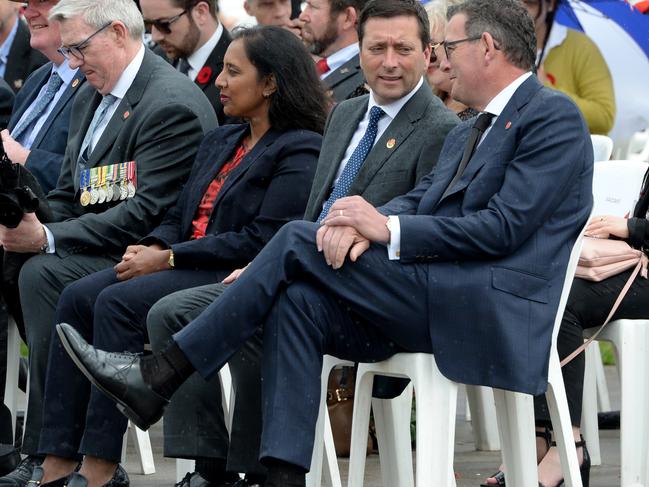 MELBOURNE, AUSTRALIA - NewsWire Photos NOVEMBER 11, 2022: Victorian Premier Daniel Andrews and Opposition Leader Matthew Guy at the Remembrance Day c ceremony at the Shrine of Remembrance in Melbourne. Picture: NCA NewsWire / Andrew Henshaw