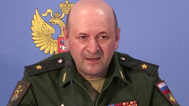 Igor Kirillov, head of the Russian Defence Ministry's radiological, biological and chemical protection unit, speaks at a briefing. Picture: AFP.