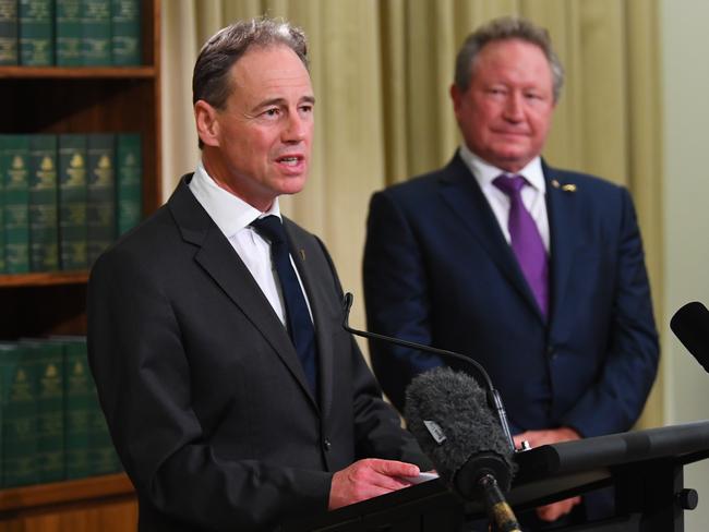 Businessman Andrew Forrest and Health Minister Greg Hunt during their press conference at the Commonwealth Parliamentary Offices in Melbourne on Wednesday.