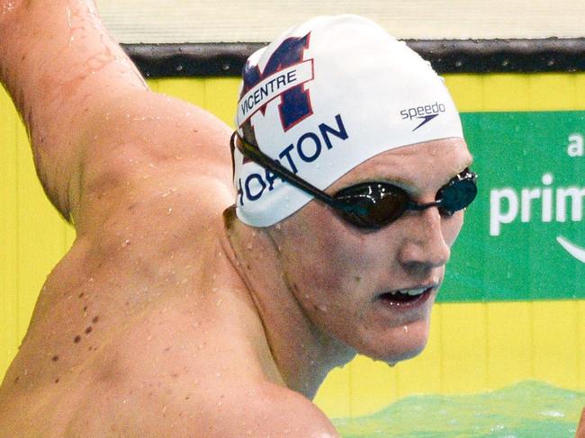 Mack Horton reacts after competing in a men's 400m freestyle heat during day one of the Australian Olympic swimming trials in Adelaide on June 12, 2021. (Photo by Brenton Edwards / AFP) / -- IMAGE RESTRICTED TO EDITORIAL USE - STRICTLY NO COMMERCIAL USE --