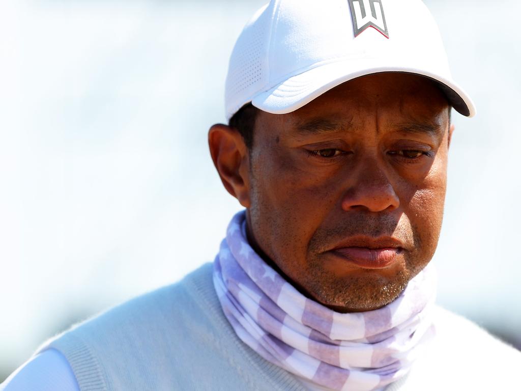 Woods was visibly emotional as things continued to go wrong on Day Two. Picture: Kevin C. Cox/Getty Images