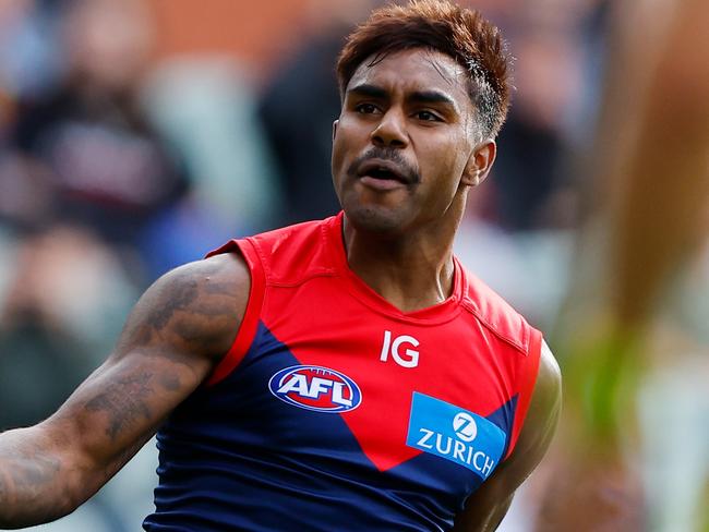 ADELAIDE, AUSTRALIA - APRIL 15: Kysaiah Pickett of the Demons celebrates a goal during the 2023 AFL Round 05 match between the Essendon Bombers and the Melbourne Demons at Adelaide Oval on April 15, 2023 in Adelaide, Australia. (Photo by Dylan Burns/AFL Photos via Getty Images)