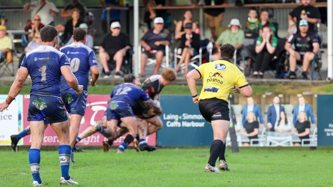 Jake Thornton going over in the corner. Picture: D Wigley