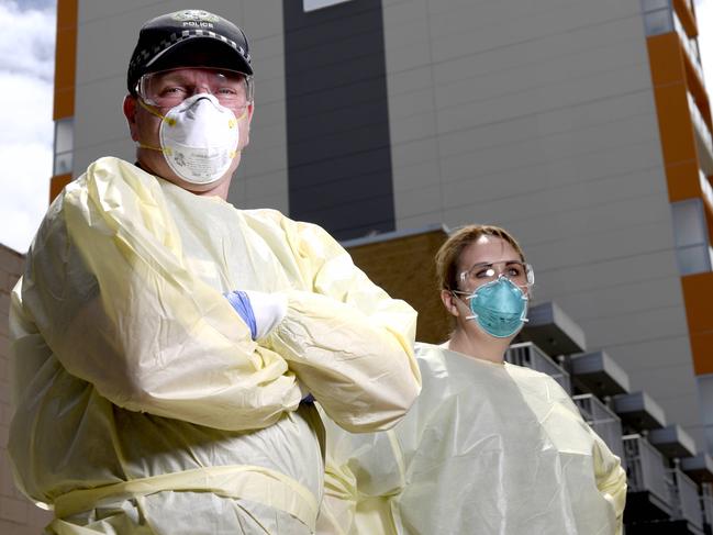 Acting inspector Bryce Wood and nurse unit manager Nikki Clark who will be working at the new Tom's Court Hotel COVID-19 facility where sick coronavirus patients will recover. Picture: Naomi Jellicoe