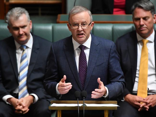 Opposition Leader Anthony Albanese delivers his budget reply speech in Canberra on Thursday night. Picture: Getty Images