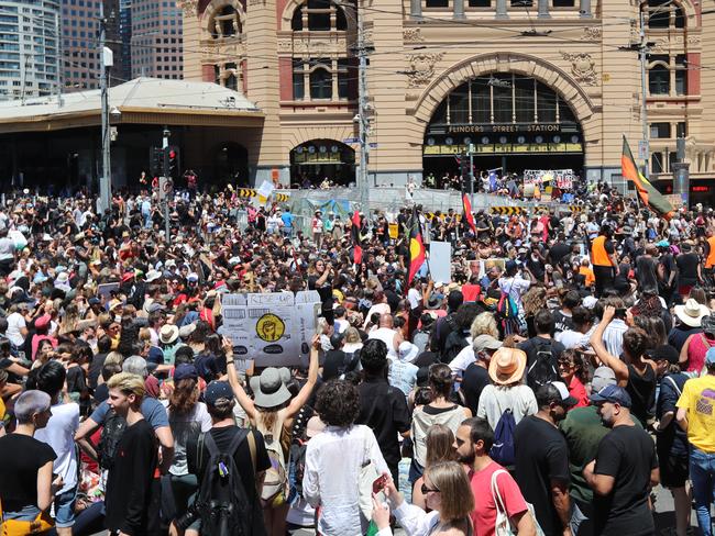 Australia Day protest at Parliament House in Melbourne. Picture: Alex Coppel