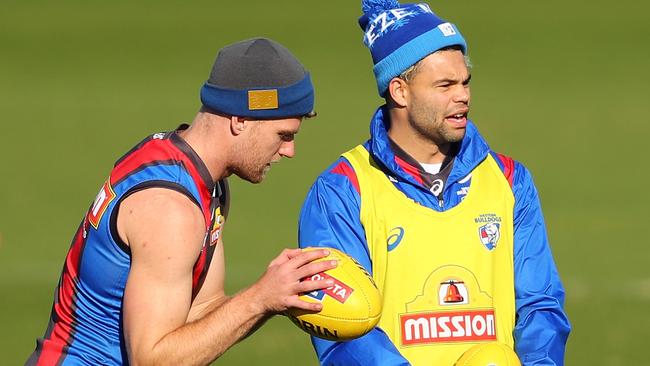 Stringer with Bulldogs teammate Jason Johannisen training session at Whitten Oval earlier this year. Photo by Scott Barbour/Getty Images