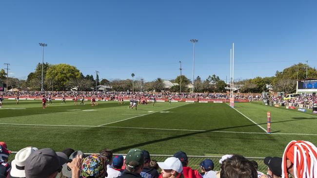 More than 7800 fans support their team when the Dragons take on the Roosters as Toowoomba hosts an NRL round at Clive Berghofer Stadium. Picture: Kevin Farmer