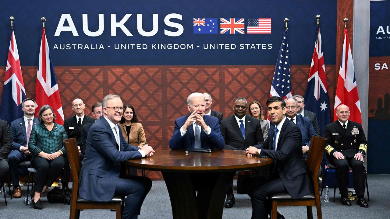 Anthony Albanese, Joe Biden and Rishi Sunak announced the AUKUS deal in San Diego. (Photo by Jim WATSON / AFP)