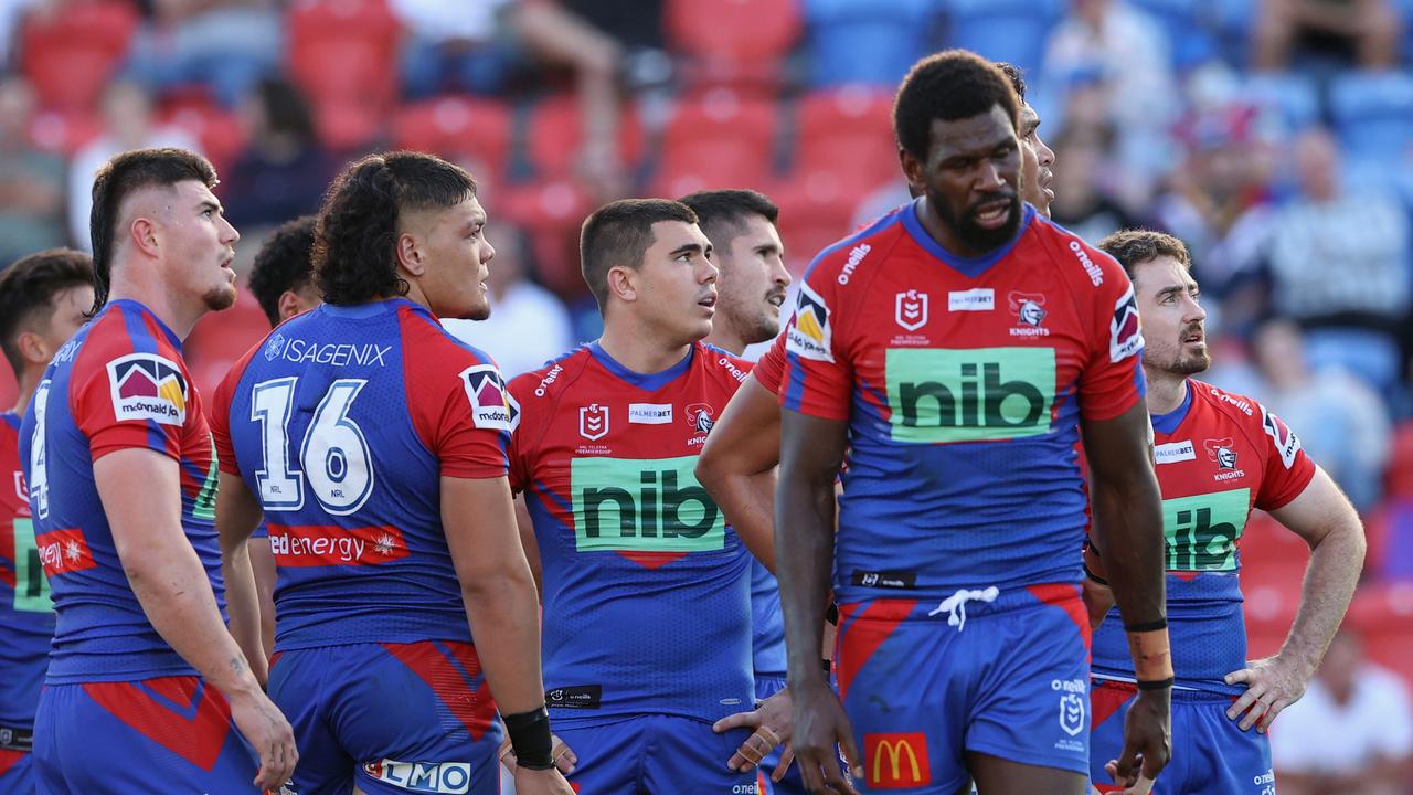 NEWCASTLE, AUSTRALIA - MAY 01: Knights players look dejected during the round eight NRL match between the Newcastle Knights and the Melbourne Storm at McDonald Jones Stadium, on May 01, 2022, in Newcastle, Australia. (Photo by Ashley Feder/Getty Images)