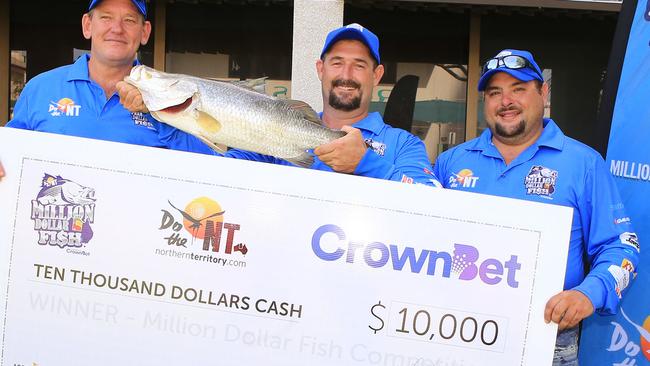 Number 8 tagged barra caught in season two of Million Dollar Fish measured 72cm and was bagged on the Daly River by Howard Springs angler Craig “Curly” Saxelby, flanked here by his mates Christian Ehling and Dazza Nelson