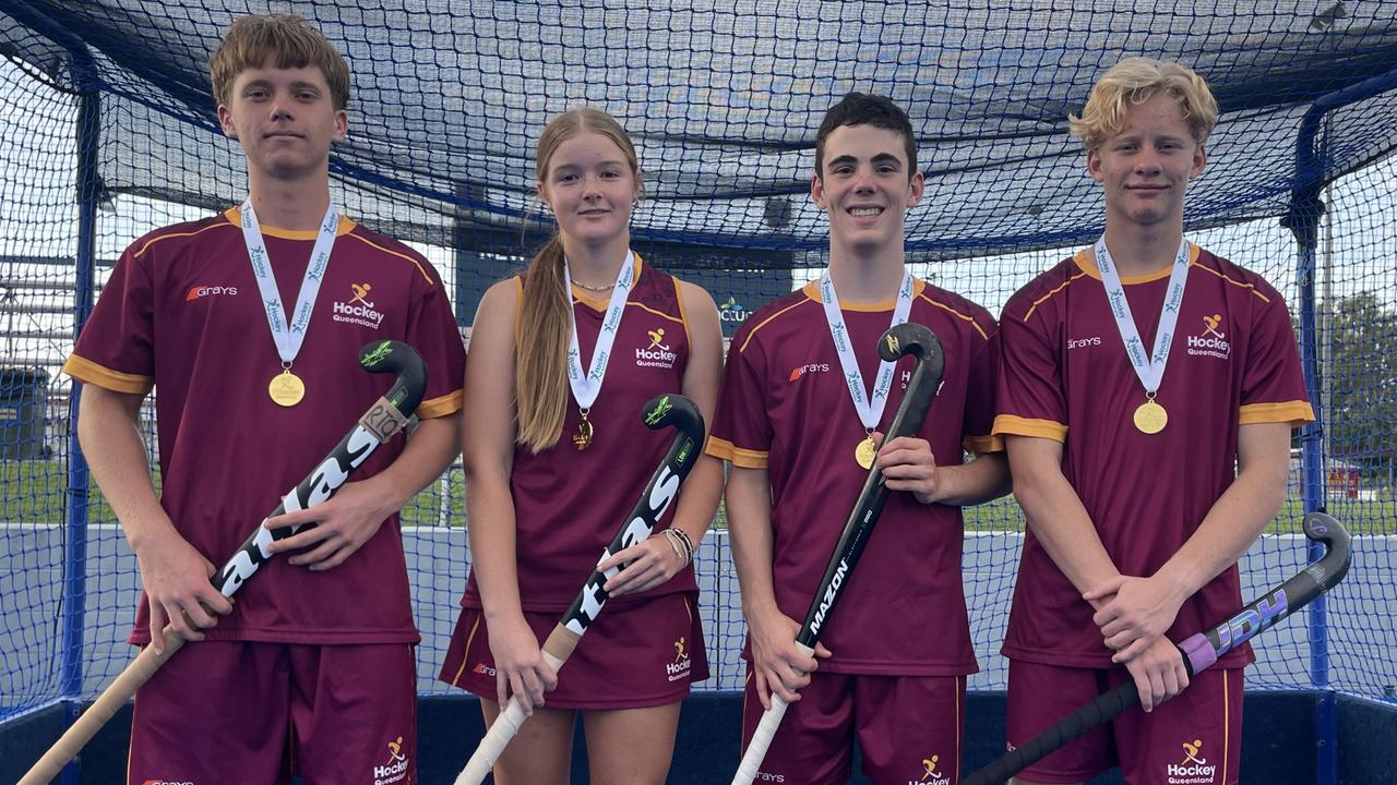 Townsville under-15 hockey players (left to right) Finn O’Neill, Chloe Bourke, Luke Bartolo and Kyle Bullen all won gold at the 2023 Australian U15 Hockey Championships in Darwin. Picture: Patrick Woods.