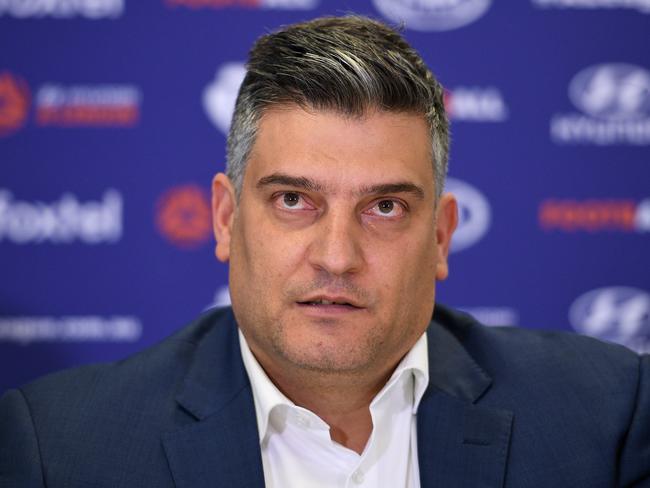 South West Sydney FC bid Chairman Gino Marra speaks during a press conference in Sydney, Thursday, December 13, 2018. FFA Chairman Chris Nikou announced the A-League will expand to 12 teams in the next two seasons after FFA decided to award licences to new teams based in Western Melbourne and South West Sydney. (AAP Image/Dan Himbrechts) NO ARCHIVING