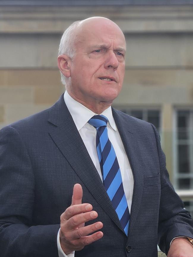 Minister for Business, Industry and Resources Eric Abetz speaks to the media at Parliament Square in Hobart on Tuesday, December 10, 2024.