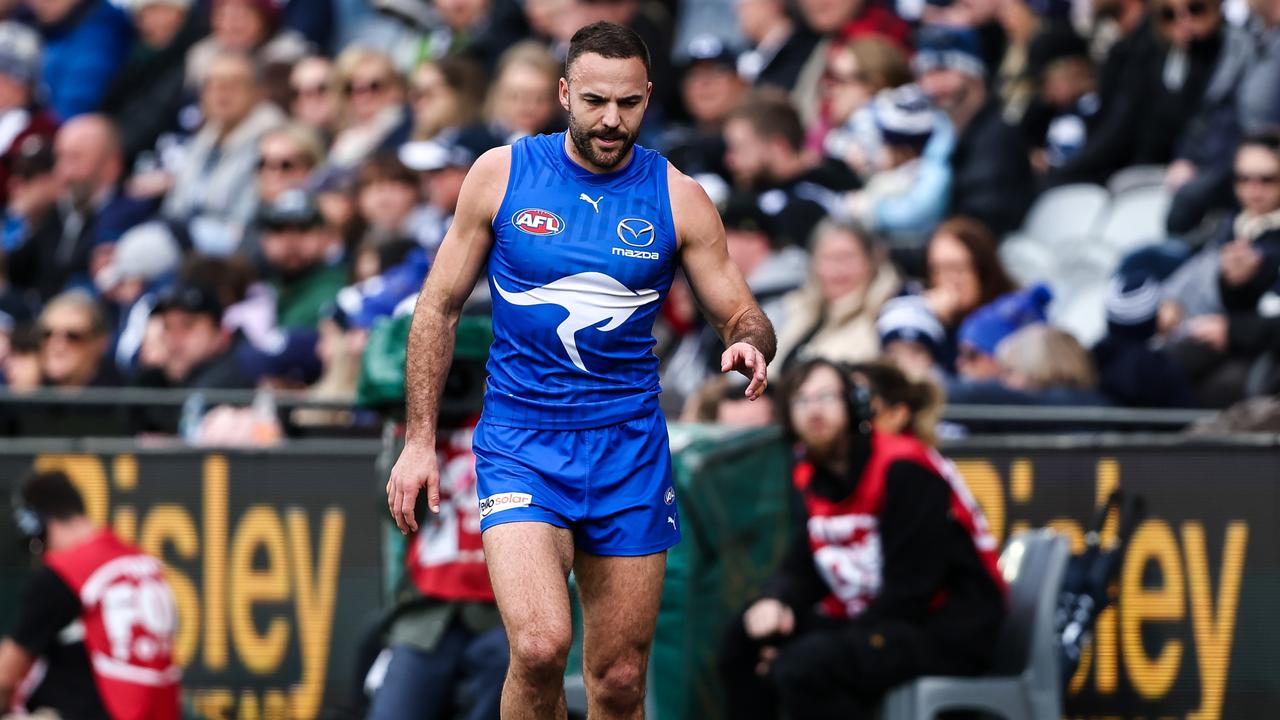 Kangaroos defender Griffin Logue is not expected to be available until midway through the 2024 season after rupturing his ACL in round 17. Picture: Dylan Burns / Getty Images