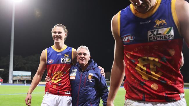 Eric Hipwood (left) and his coach Chris Fagan celebrate together. Picture: Matt King/AFL Photos/via Getty Images