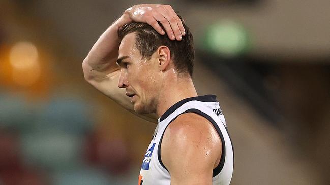 AFL Round 18. 18/09/2020.  St Kilda vs GWS Giants at the Gabba, Brisbane.  Jeremy Cameron of the Giants reacts after missing a set shot Q2  . Pic: Michael Klein