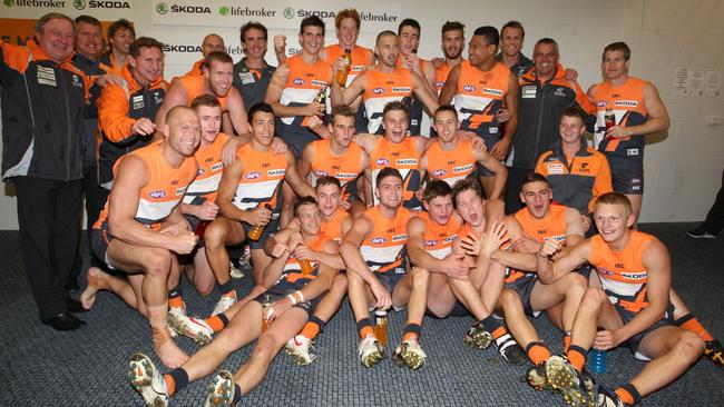 Greater Western Sydney celebrates its first AFL win in 2012. Picture: Kym Smith