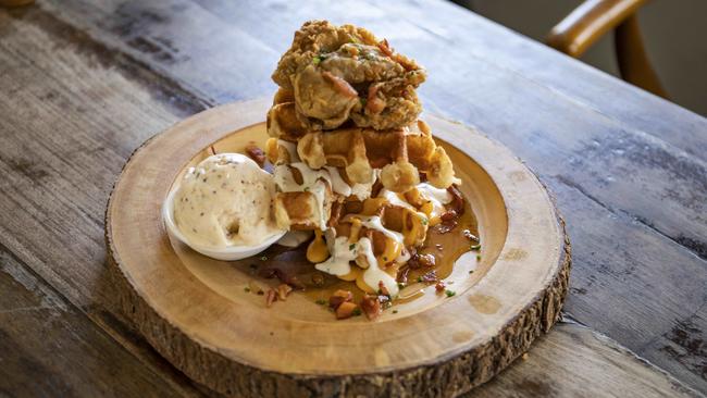 The indulgent maple waffle with bacon ice cream. Picture: Mark Cranitch.