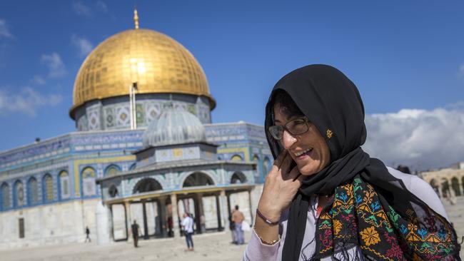 Susan Abulhawa, a Palestinian-American writer, visits the Al Aqsa mosque at 2014 Palestine Festival of Literature in Jerusalem, Israel. Picture: Rob Stothard/Getty Images