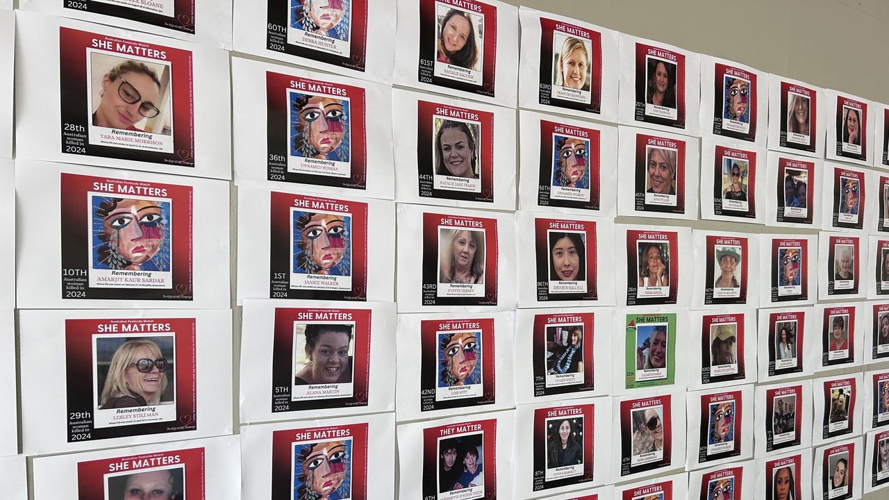 A wall of women killed by men was featured at the rally.