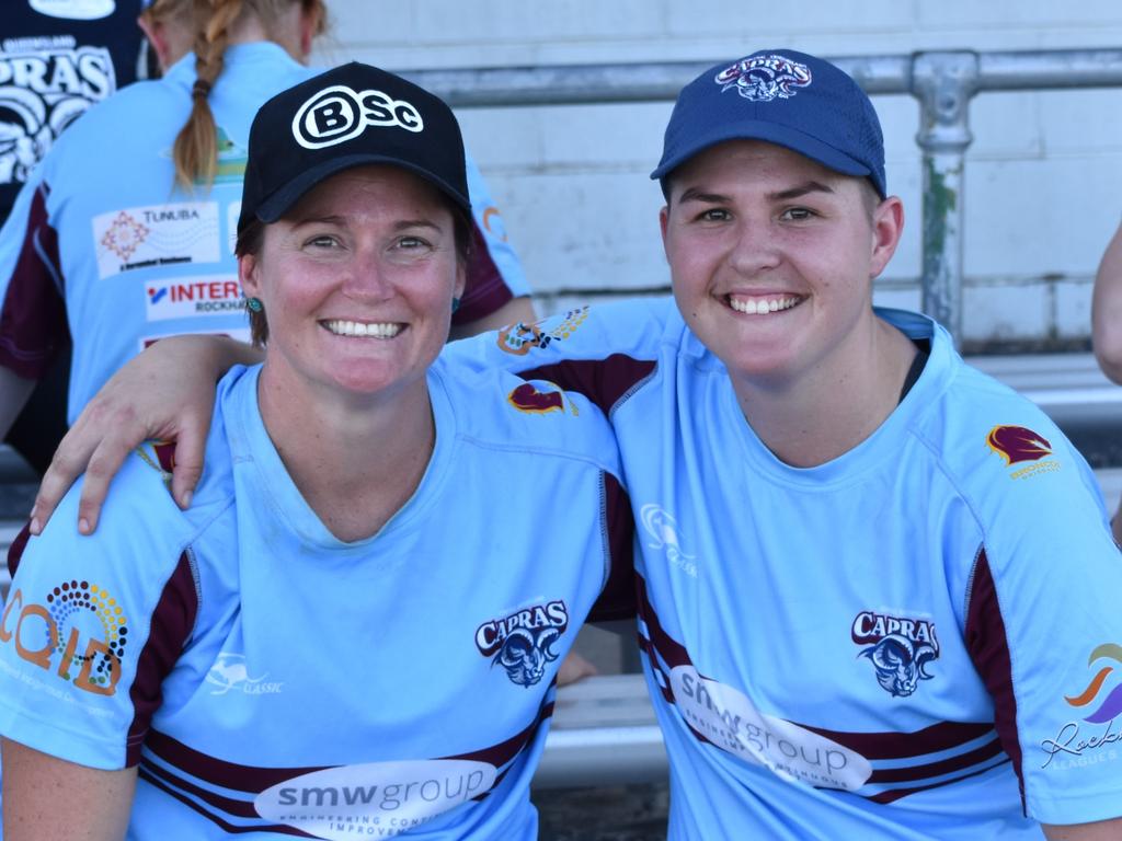 CQ Capras women's captain Chelsea Baker (left) and player Abbey Templeman take a break from the weekend training camp in Rockhampton.