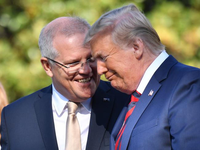 United States President Donald Trump and Australia's Prime Minister Scott Morrison at a ceremonial welcome on the south lawn of the White House in Washington DC. Picture: AAP Image/Mick Tsikas