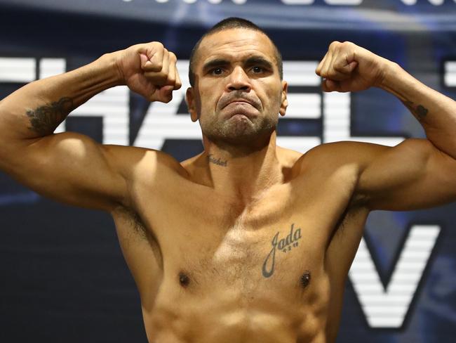 MELBOURNE, AUSTRALIA - MARCH 11: Anthony Mundine poses during the weight in during a press conference at Melbourne Pavillion on March 11, 2021 in Melbourne, Australia. (Photo by Mike Owen/Getty Images)