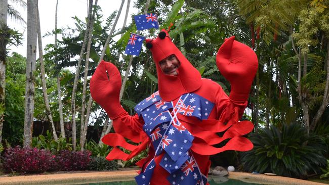 Gary 'Gazza' McIlroy is known for dressing up in wacky outfits including this lobster suit for this year’s Australia Day pool party at the Mission Beach Aquatic Centre. Pic: ELISABETH CHAMPION