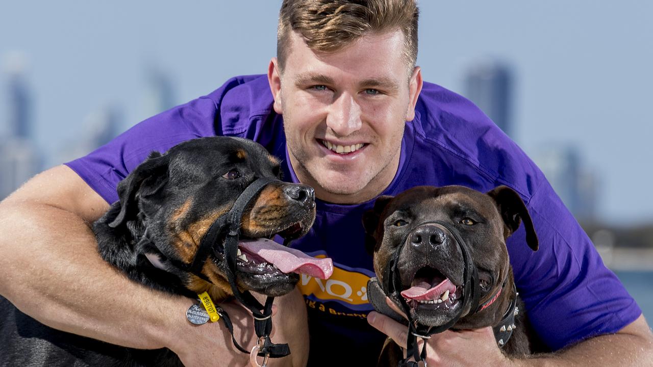 Jai Arrow with his dogs Koda (rottweiler) and Thor. Picture: Jerad Williams