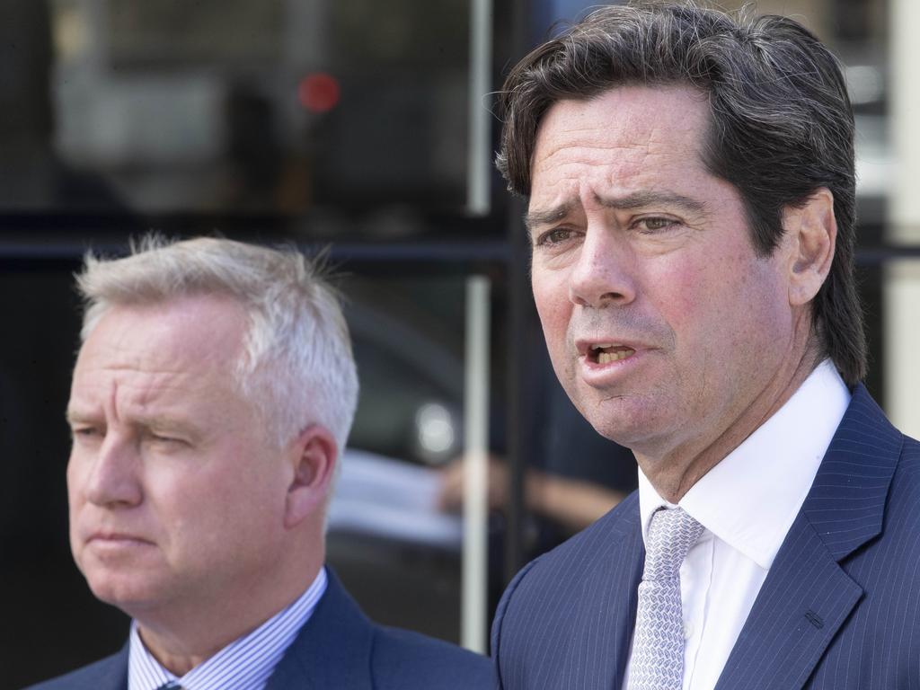 Tasmanian Premier Jeremy Rockliff and AFL CEO Gillon McLachlan during the TICT luncheon at Hobart. Picture Chris Kidd