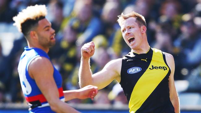 Tiger Jack Riewoldt celebrates a goal against the Western Bulldogs to help seal his third Coleman Medal on Saturday. Picture: Michael Dodge/Getty Images