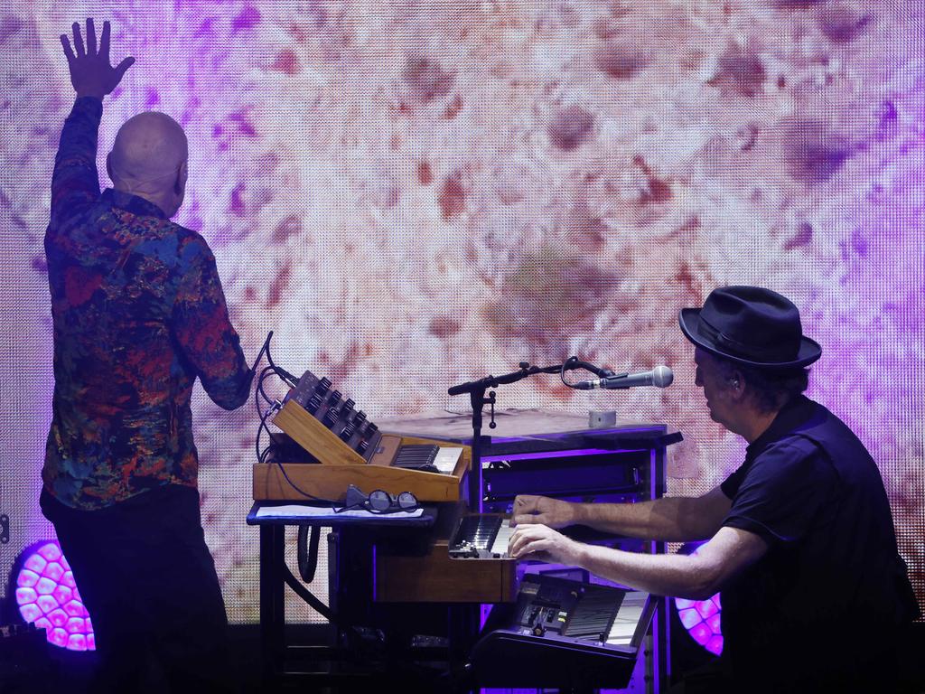 Midnight Oil’s Peter Garrett and Jim Moginie at Brisbane’s Riverstage last night. Picture: Lachie Millard