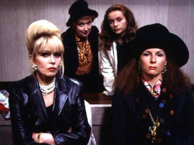 Joanna Lumley, June Whitfield, Julia Sawalha and Jennifer Saunders in scene from TV program Absolutely Fabulous.