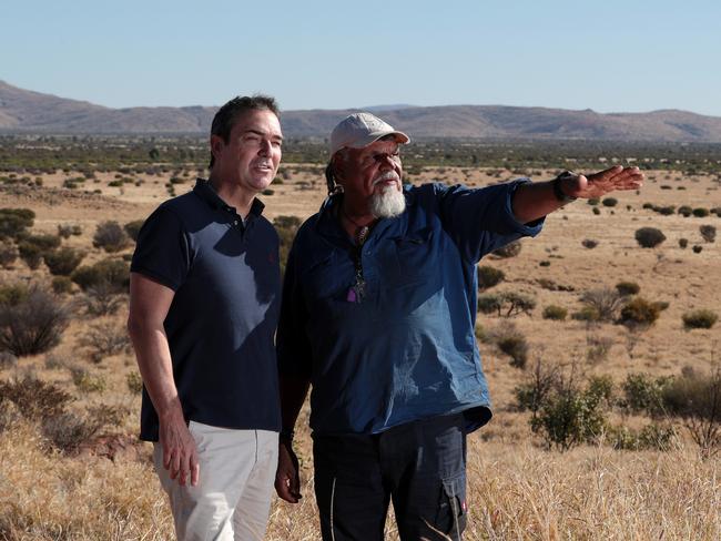 Steven Marshall and APY Cultural Liasion and Aboriginal elder Lee Brady survey the APY lands near the SA and NT border. Picture: Dylan Coker