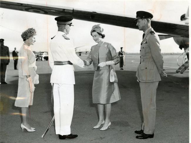 The Queen and Prince Philip being welcomed by Governor Sir Edric Bastyan and Lady Bastyan on their arrival at Adelaide Airport.