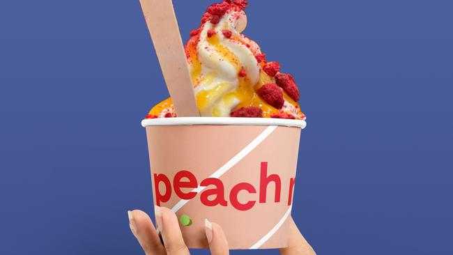 Soft serve. Peaches. Raspberries. Get in my mouth.