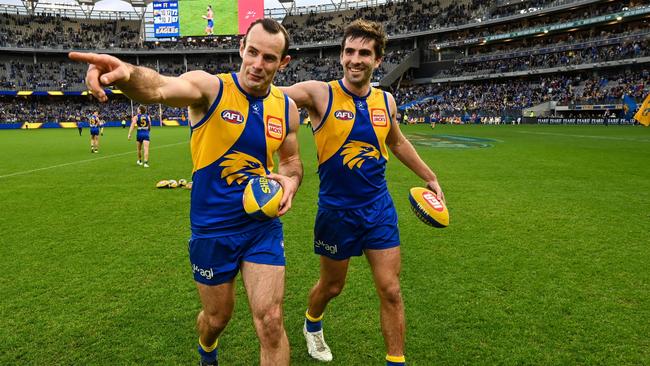 Shannon Hurn and Andrew Gaff of the Eagles. Picture: Daniel Carson/AFL Photos via Getty Images