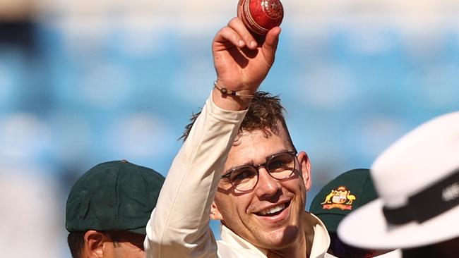 NAGPUR, INDIA - FEBRUARY 10: Todd Murphy of Australia is congratulated by teammates after taking his fifth wicket during day two of the First Test match in the series between India and Australia at Vidarbha Cricket Association Ground on February 10, 2023 in Nagpur, India. (Photo by Robert Cianflone/Getty Images)